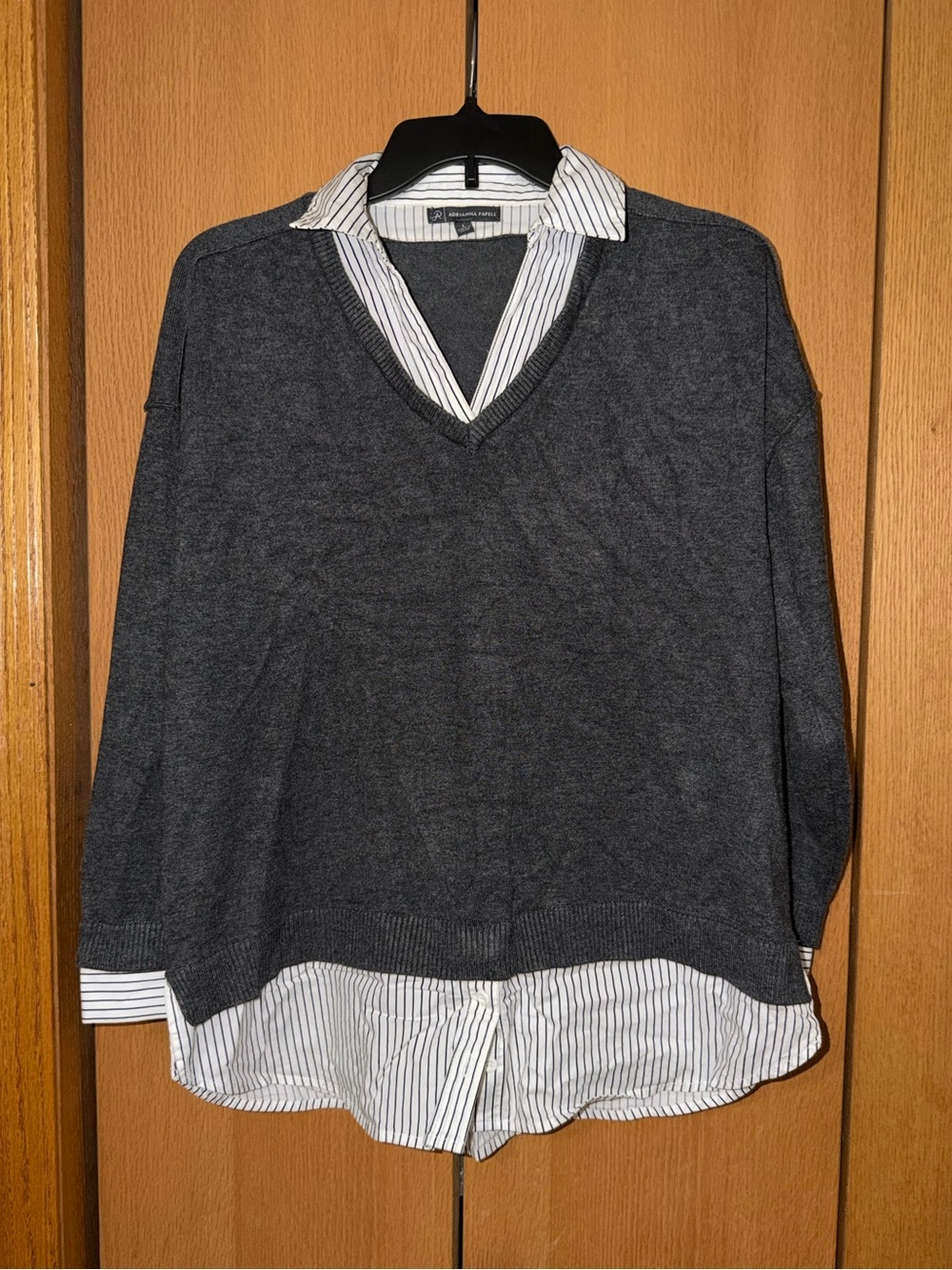 Gray V-Neck Sweater with Attached Striped Shirt